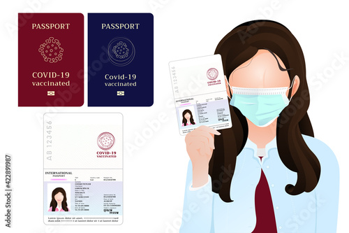 Passport for whom have covid-19 vaccine injection, coronavirus vaccinated passport for travelers or businessmans identifield themselves,the girl shown passpor tvector illustration on white background.