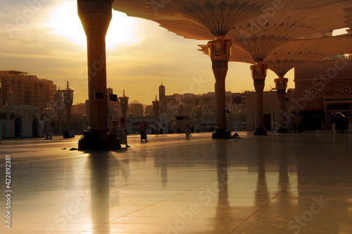 Sunset view of the Masjid Nabawi in Medina, Saudi Arabia.