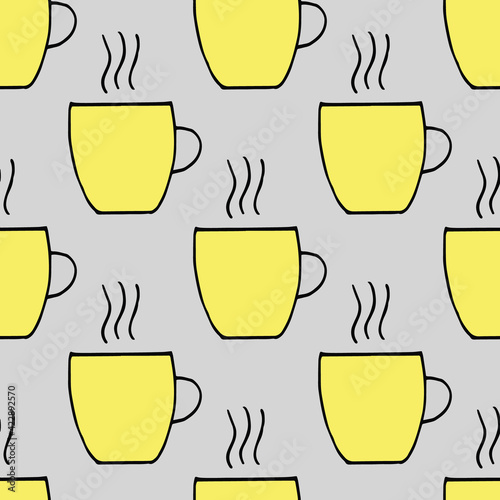 cup and steam seamless pattern. hand drawn doodle style. vector, minimalism, sketch. trendy colors 2021, yellow, grey. wallpaper, textile, wrapping paper, background. hot drink, coffee, tea, menu.