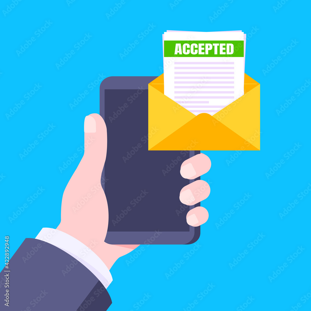College or university acceptance letter on smartphone screen, open envelope document email. College or university acceptance letter on smartphone screen, open envelope document email.