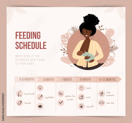 Feeding schedule in the first year of life. Baby food infographic. Young african mother nursing newborn baby. Vector illustration in flat cartoon style.