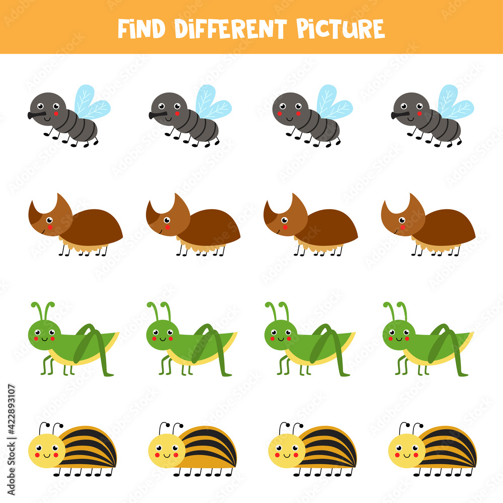 Find cute insect which is different from others. Worksheet for kids.