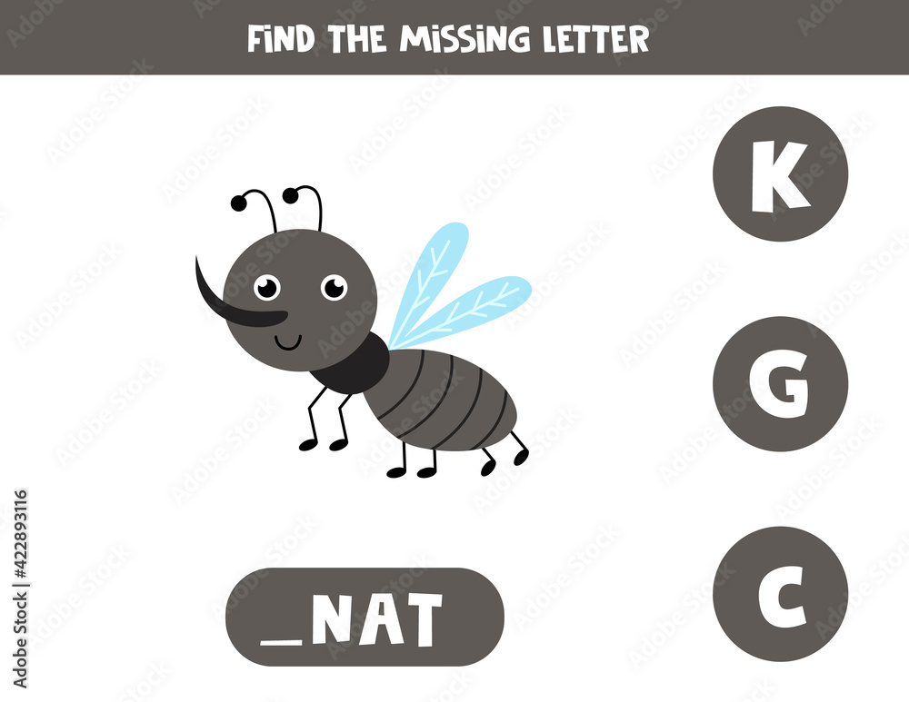 Fototapeta premium Find missing letter with cute gnat. Spelling worksheet.