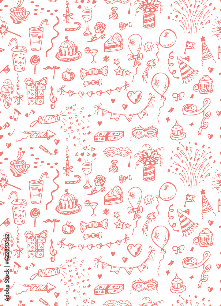 Naklejka premium Happy Birthday. Vector seamless pattern of Hand drawn Birthday Party elements. Celebratory attributes background.