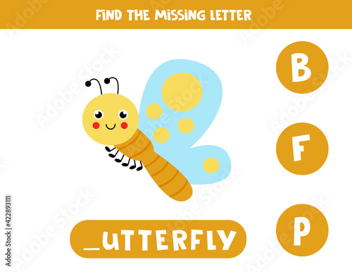 Find missing letter with cute butterfly. Spelling worksheet.