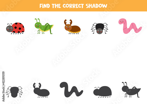 Find the correct shadows of cute insects. Logical puzzle for kids.