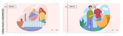 Homosexual parents landing page design, website banner vector template set. Happy gay and lesbian couples with babies.