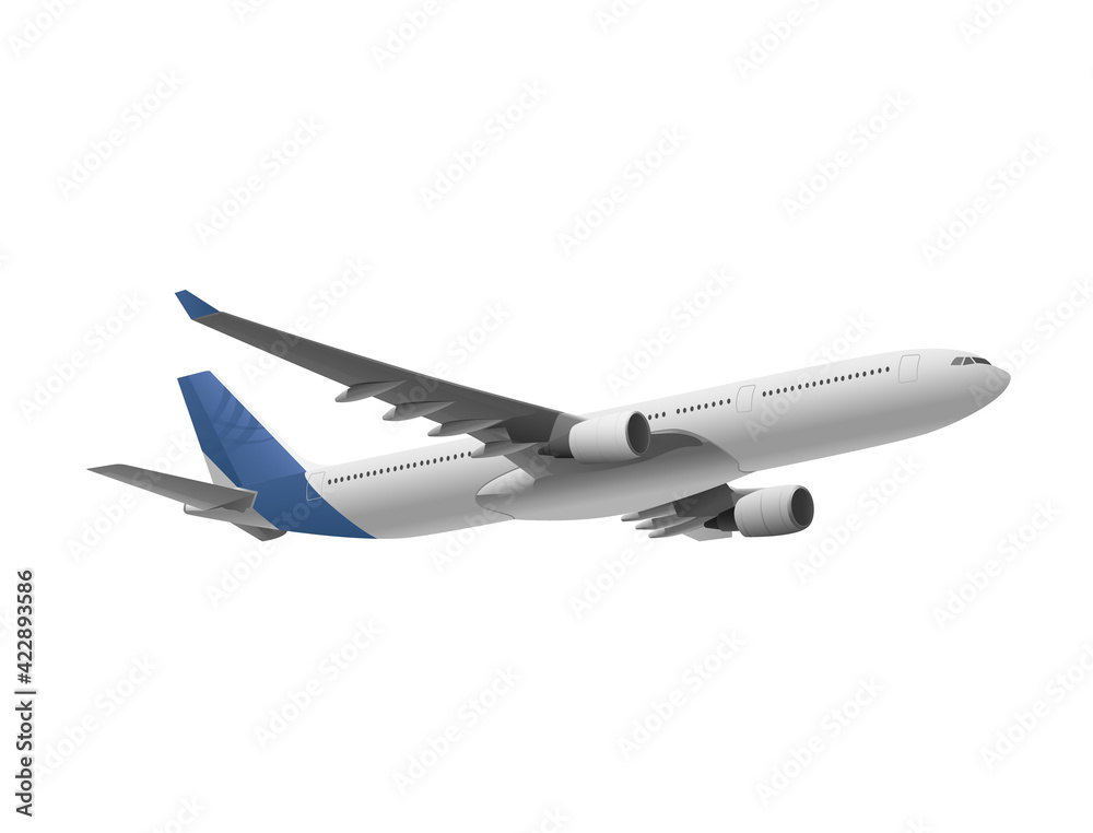 Airplane with blue tail flying over white background Airplane with blue tail flying over white background