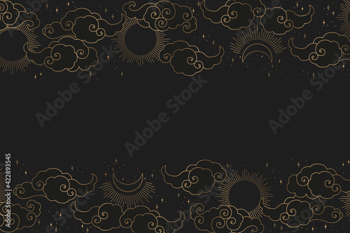Vintage vector illustration with gold abstract sun, moon, stars and clouds pattern isolated on black background. Mystical Illustration for card, wallpaper, print, fabric, brochure