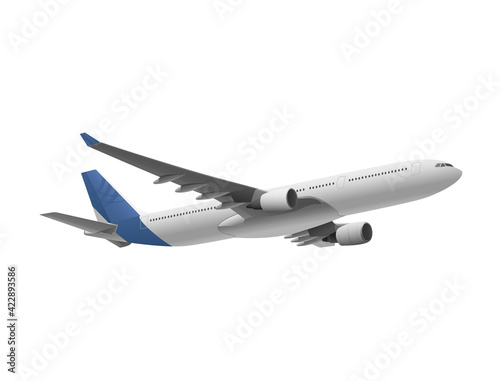 Airplane with blue tail flying over white background