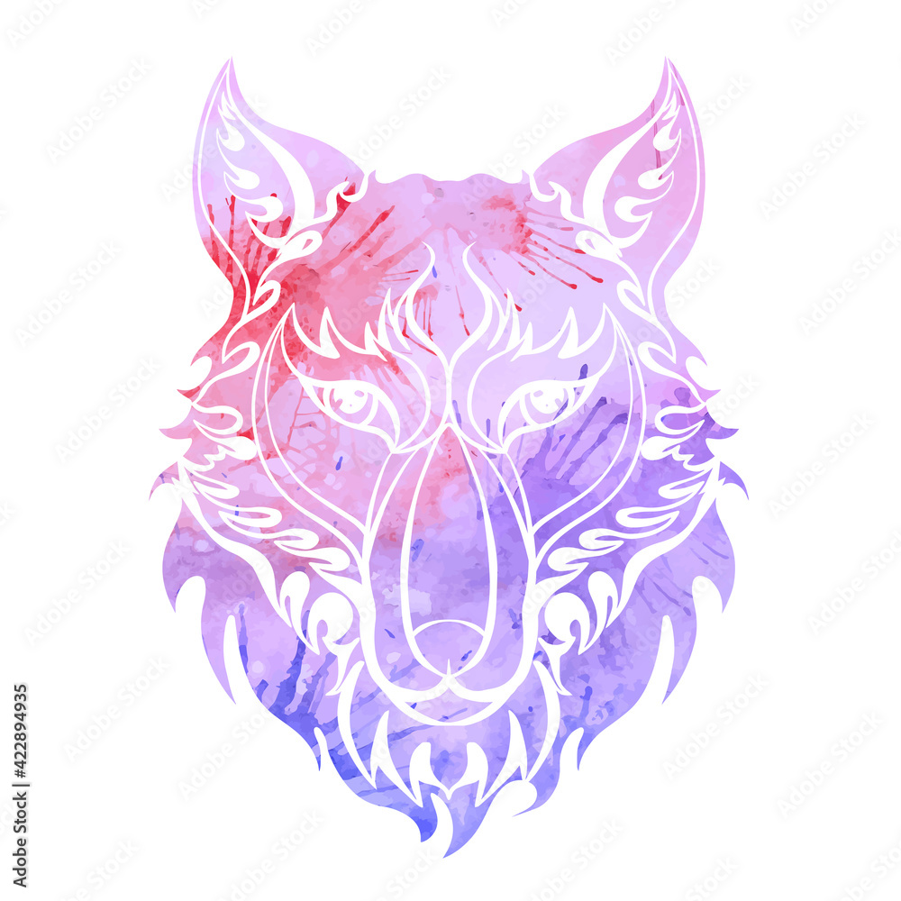 Fototapeta premium Watercolor silhouette of wolf head front view on whte background. Stylized redator front view portrait. Vector sketch for tattoo, icon, logo and printing on stuff