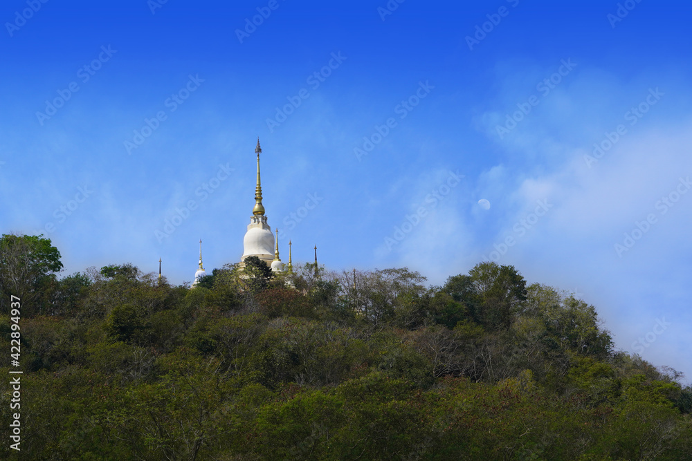 beautiful antique white and gold temple, green tree, blue sky and white clouds background, copy space