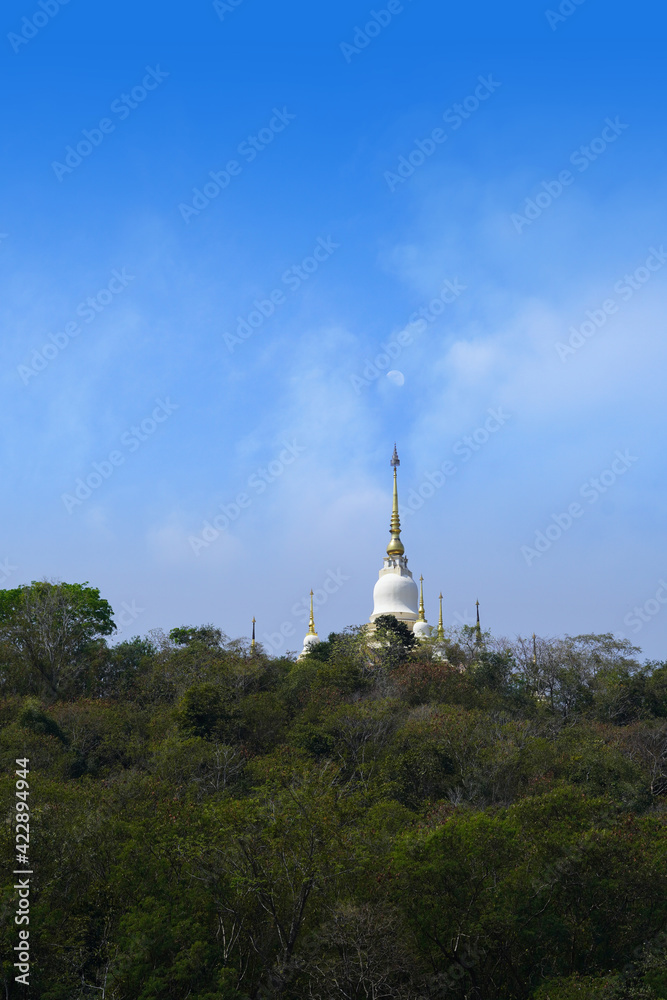 beautiful white and gold temple, green tree, blue sky and white clouds background