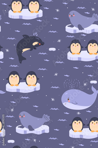 Seamless pattern with cute antarctic animals. Vector graphics.