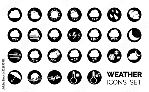 Weather icons set. Black and white vector illustrations. Sticky symbols of forecast. Meteorological infographics signs. Web icons vector design