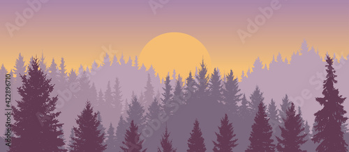 Fototapeta Naklejka Na Ścianę i Meble -  Sunrise and silhouette forest hills, beautiful landscape. Vector illustration