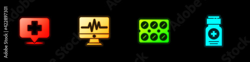 Set Map pointer with cross hospital, Monitor cardiogram, Pills blister pack and Medicine bottle icon. Vector