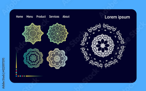 Flat landing web page Template, Perfect for printing on fabric or paper, Set of Ornament round mandalas, Vector illustration. EPS 10