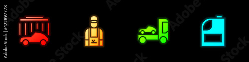 Set Car wash, mechanic, transporter truck and Canister for motor machine oil icon. Vector