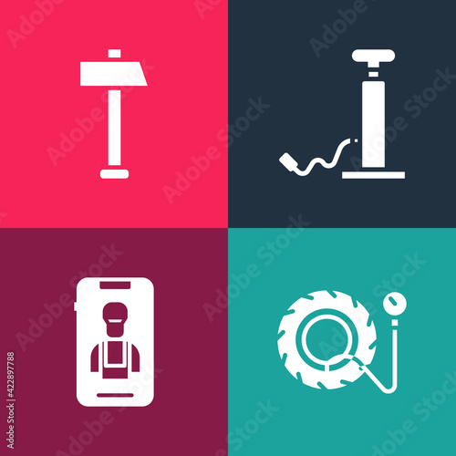 Set pop art Tire pressure gauge, Online car services, Car air pump and Hammer icon. Vector