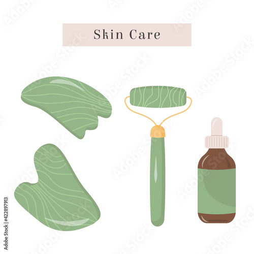 Set of Gua Sha and natural Jade roller. Scraping massage tool. Natural green stone scraper. Serum face oil bottle. Natural anti-aging facial lifting. Trendy skin care method. Vector flat illustration.