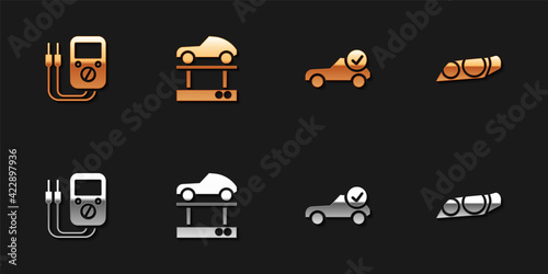 Fototapeta Naklejka Na Ścianę i Meble -  Set Multimeter, Repair car on a lift, Auto service check automotive and Car headlight icon. Vector
