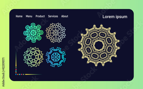 Flat landing web page Template, Perfect for printing on fabric or paper, Set of Ornament round mandalas, Vector illustration. EPS 10