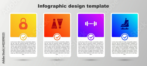 Set Kettlebell, Rubber flippers for swimming, Dumbbell and Skates. Business infographic template. Vector