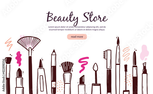 Hand drawn template with makeup beauty cosmetic elements, mascara, cream bottle, skin brush. Doodle sketch style. Illustration for makeup, beauty salon, cosmetic store banner, frame, poster design.