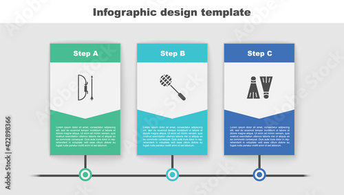 Set Bow and arrow in quiver, Tennis racket and Rubber flippers for swimming. Business infographic template. Vector