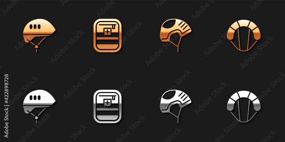 Set Bicycle helmet, First aid kit, Helmet and Parachute icon. Vector Set Bicycle helmet, First aid kit, Helmet and Parachute icon. Vector