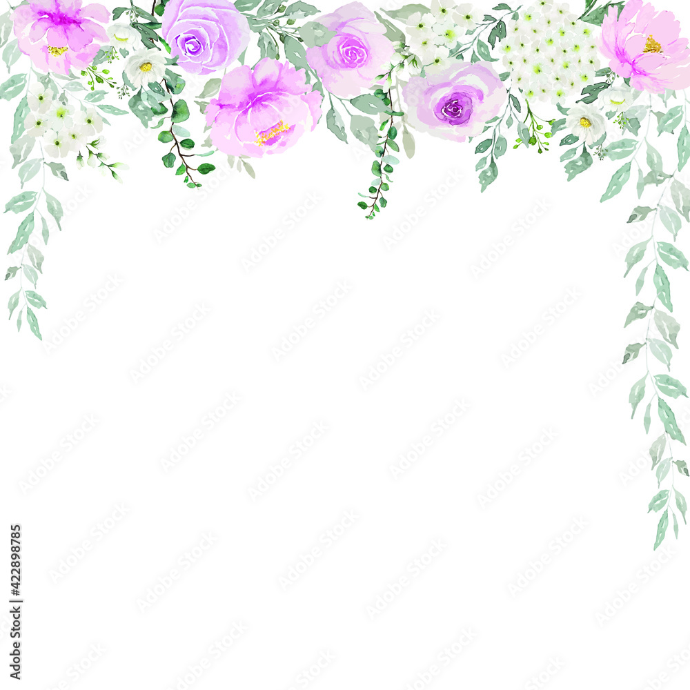 Watercolor of light pink roses with white flowers and green leaves curtain nature vector background