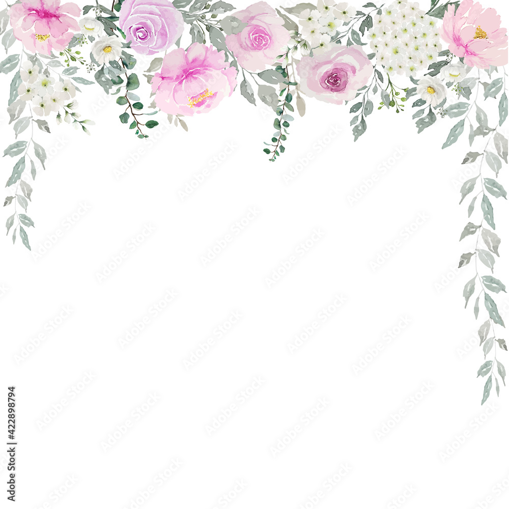 Watercolor of light pink roses with white flowers and green leaves curtain nature background