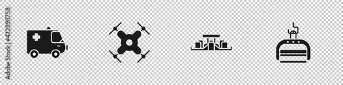 Set Ambulance and emergency car, Drone flying, Formula 1 racing and Ski lift icon. Vector