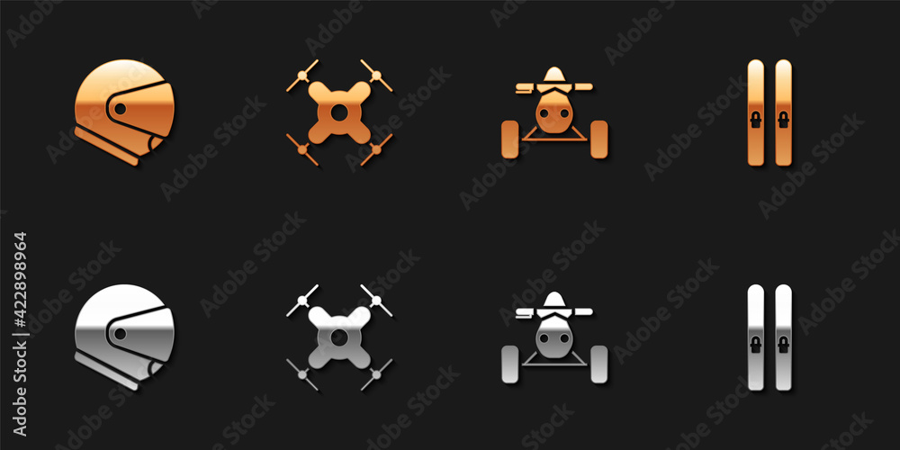 Set Helmet, Drone flying, ATV motorcycle and Ski and sticks icon. Vector Set Helmet, Drone flying, ATV motorcycle and Ski and sticks icon. Vector