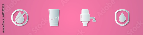 Set paper cut Water drop forbidden, Glass with water, Mechanical pump and Waterproof icon. Paper art style. Vector Free Download Set paper cut Water drop forbidden, Glass with water, Mechanical pump and Waterproof icon. Paper art style. Vector - GFXLoad