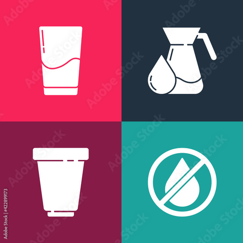 Set pop art Water drop forbidden, filter cartridge, Jug glass with water and Glass icon. Vector