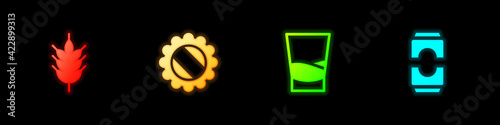 Set Hop, Bottle cap, Glass of vodka and Beer can icon. Vector