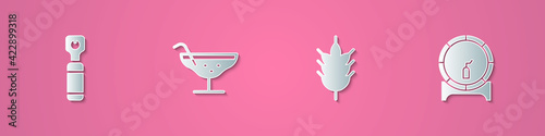 Set paper cut Bottle opener, Cocktail, Hop and Wooden barrel on rack icon. Paper art style. Vector