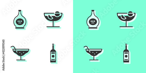 Set Glass bottle of vodka, Bottle cognac or brandy, Cocktail and icon. Vector