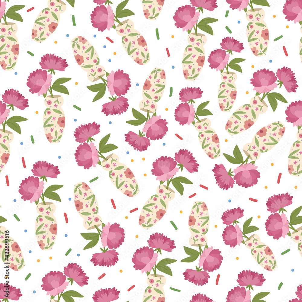 Seamless pattern of flowers in vases isolated on white background.Vector hand drawn cartoon illustration. Seamless pattern of flowers in vases isolated on white background.Vector hand drawn cartoon illustration.