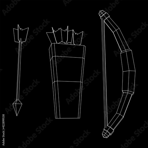 Medieval Bow and arrow archer weapon. Wireframe low poly mesh