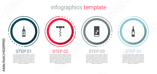 Set Glass bottle of vodka, Wine corkscrew, Effervescent tablets water and Beer. Business infographic template. Vector