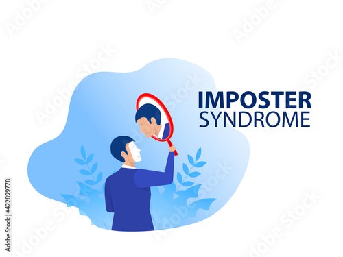 Imposter syndrome.businessman Holding a mirror with fear shadow behind. Anxiety and lack of self confidence at work,the person fakes is someone else concept