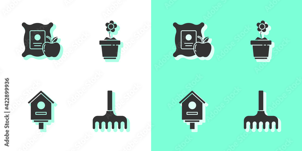 Set Garden rake, Apple in the sack, Bird house and Flower pot icon. Vector Set Garden rake, Apple in the sack, Bird house and Flower pot icon. Vector