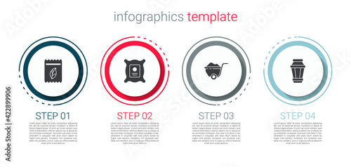 Set Pack full of seeds of plant, , Wheelbarrow with dirt and Garden light lamp. Business infographic template. Vector