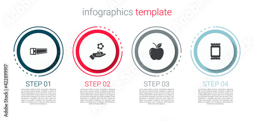 Set Hand saw, holding flower, Apple and Fertilizer bag. Business infographic template. Vector