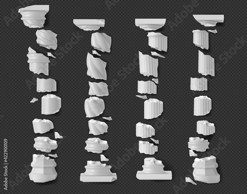 Broken antique pillars white ruined columns pieces