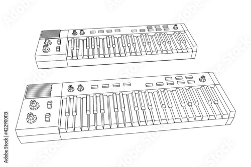 Piano roll analog synthesizer faders buttons knobs. Wireframe low poly mesh