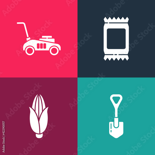 Set pop art Shovel, Corn, Fertilizer bag and Lawn mower icon. Vector